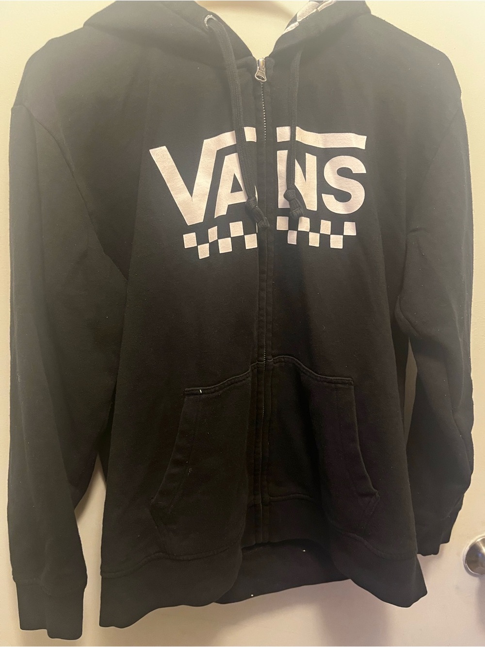Vans Black Hoodie with White Logo and Checker Trim